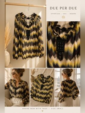 Due Per Due Yellow Chevron Ruffle V-Neck Blouse
